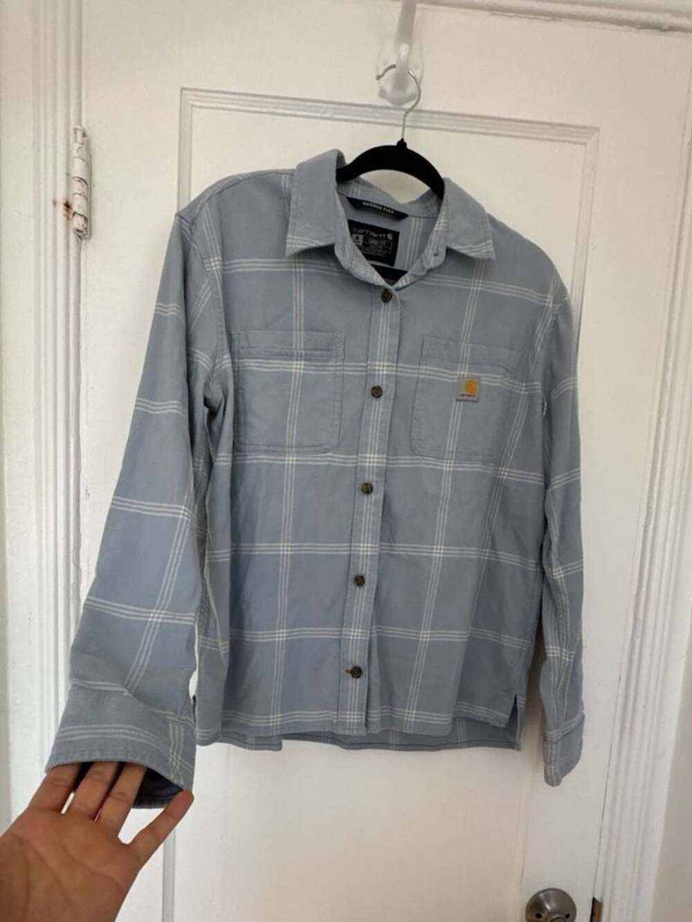 Carhartt Rugged Flex Loose Fit Plaid Flannel Shirt Jacket Size M Light Blue Twil